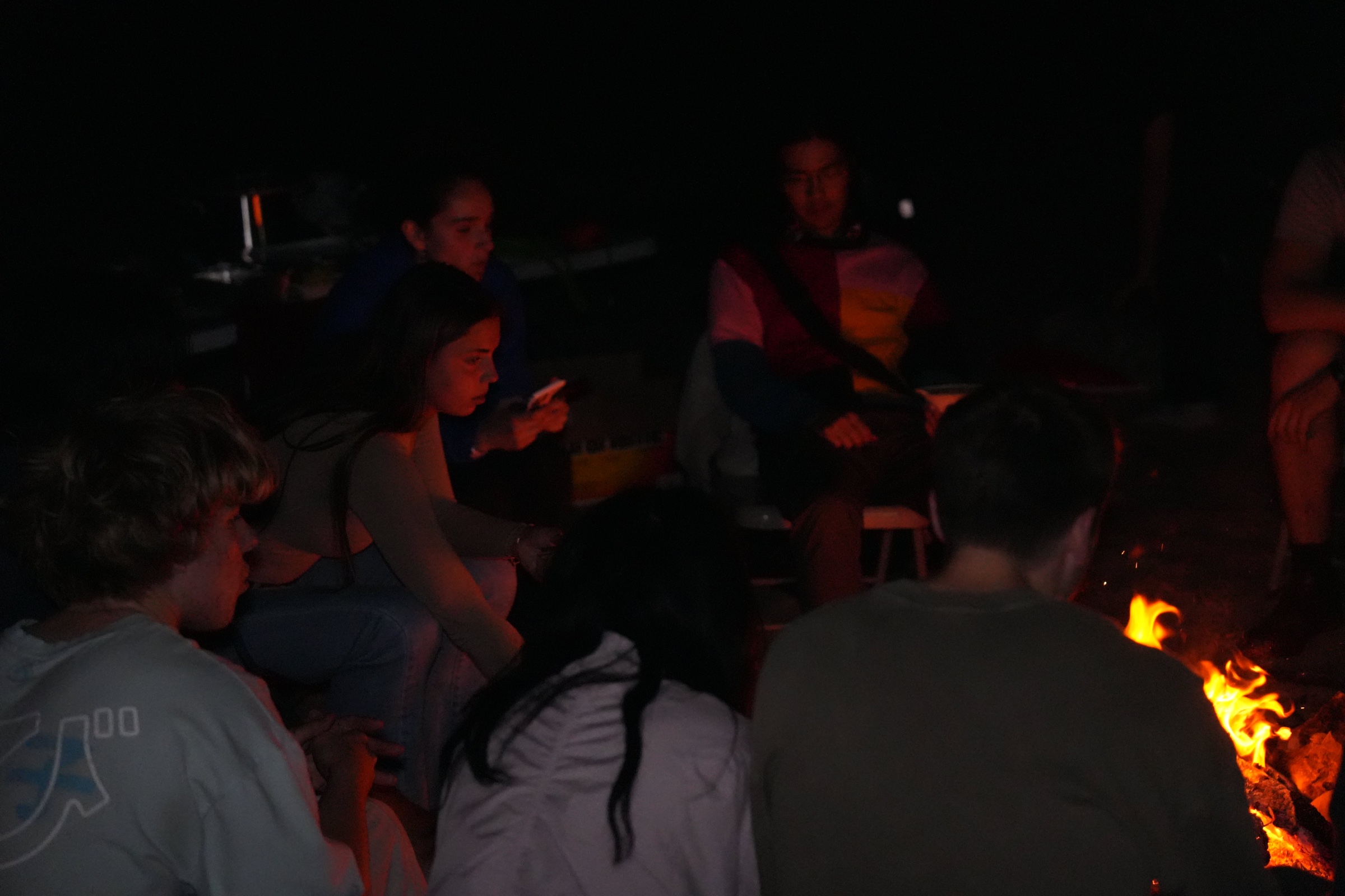 Self-Improvement Club members gathered around a beach bonfire at night