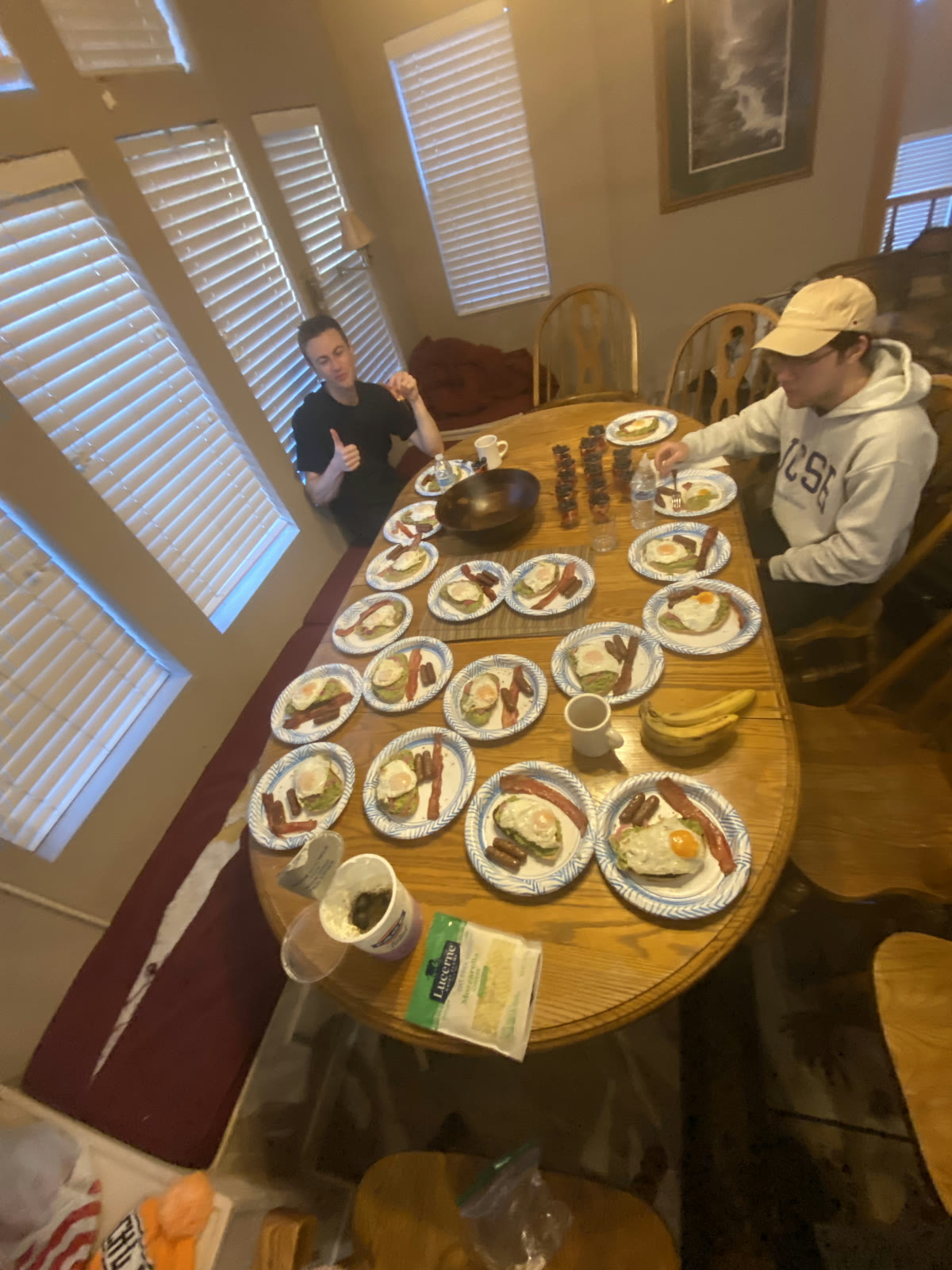Breakfast plates prepared for the Ski Trip group at the cabin