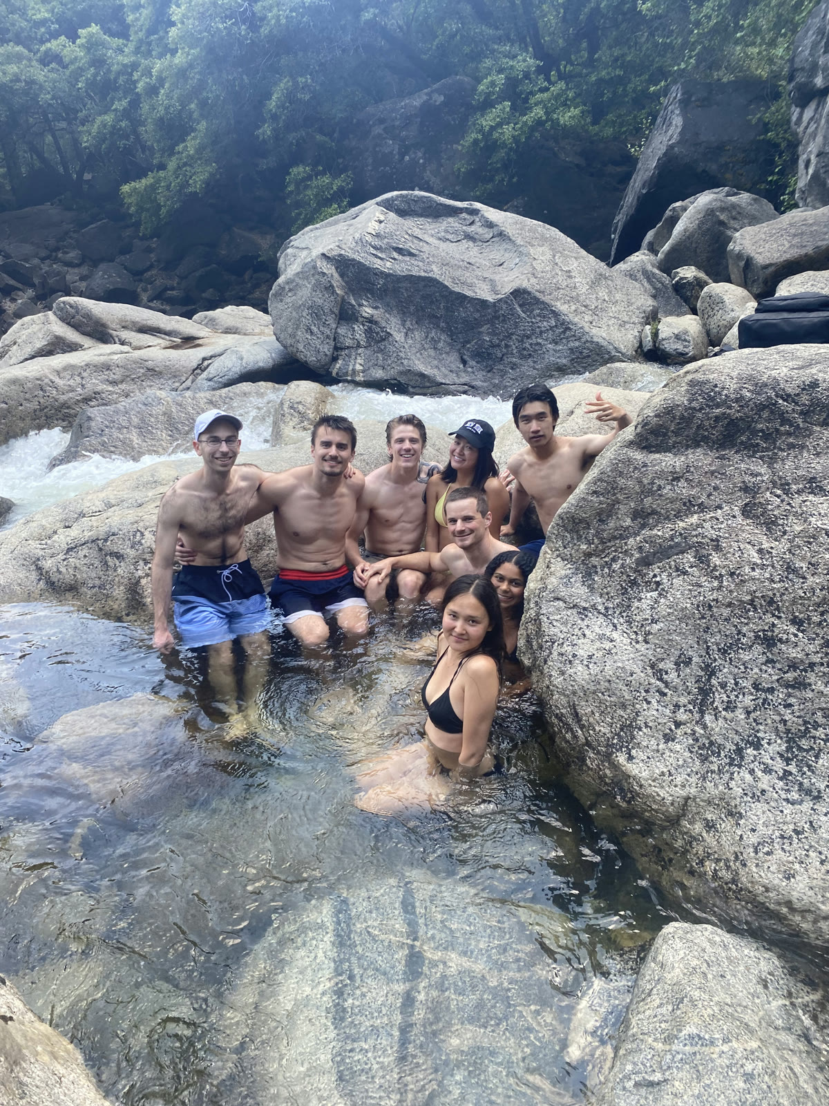 Self-Improvement Club members together in a rocky Yosemite swimming hole